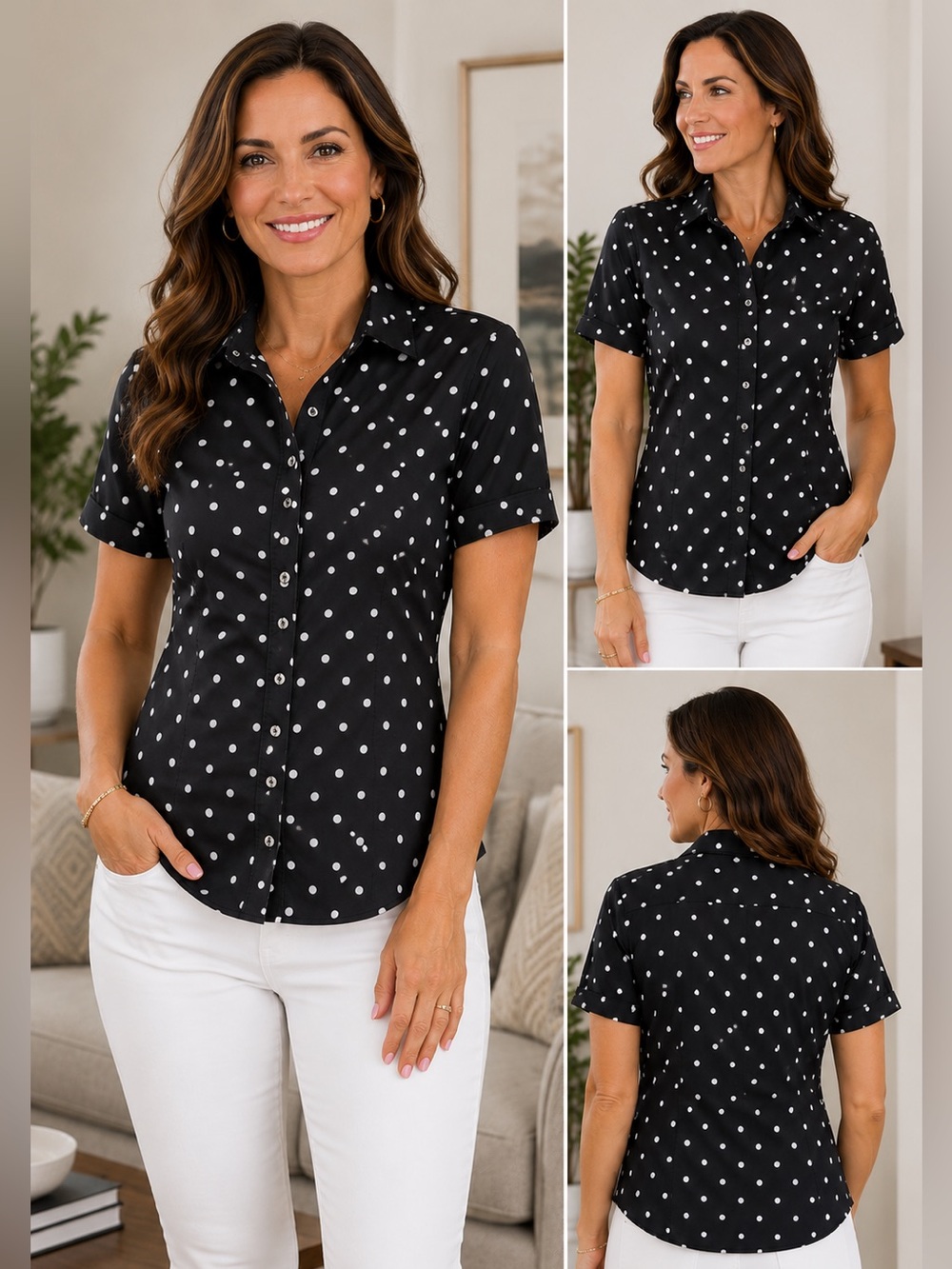 Talbots Non-Iron Polka Dot Button Front Shirt Black White Size 14 Short Sleeve